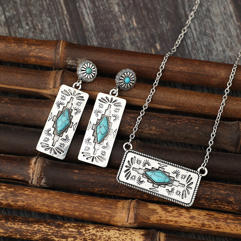 Wholesale Bohemian Retro Pumpkin Flower Splicing Geometric Turquoise Alloy Earrings Necklace Set